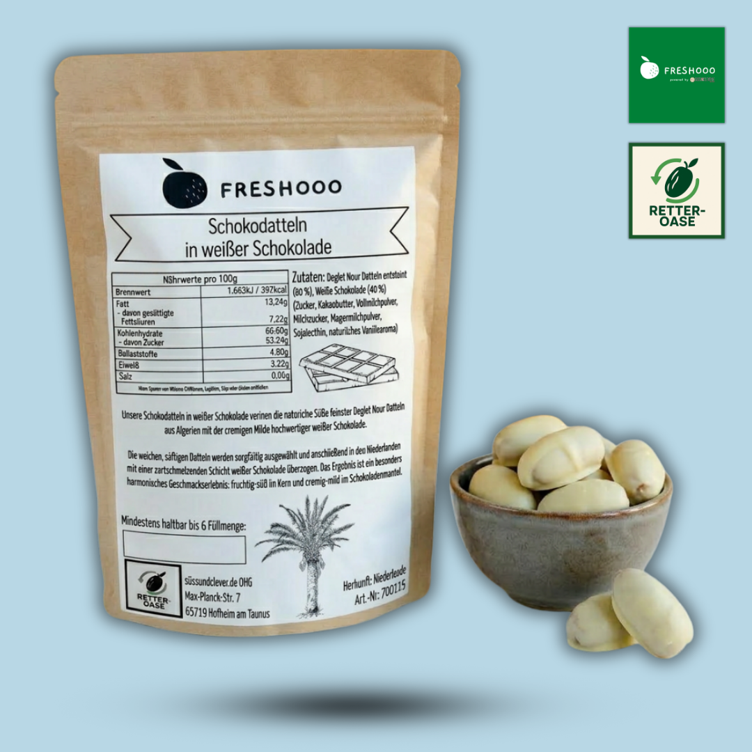 freshooo® Schokodatteln | Deglet Nour Datteln in weißer Schokolade