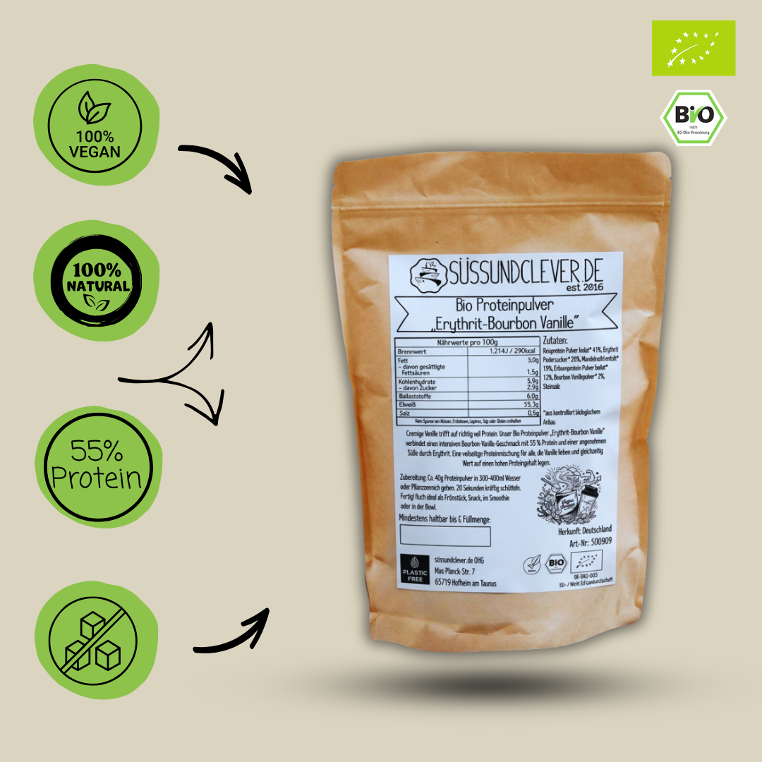 Bio Proteinpulver | "Erythrit-Bourbon Vanille" | Vegan & 55% Protein