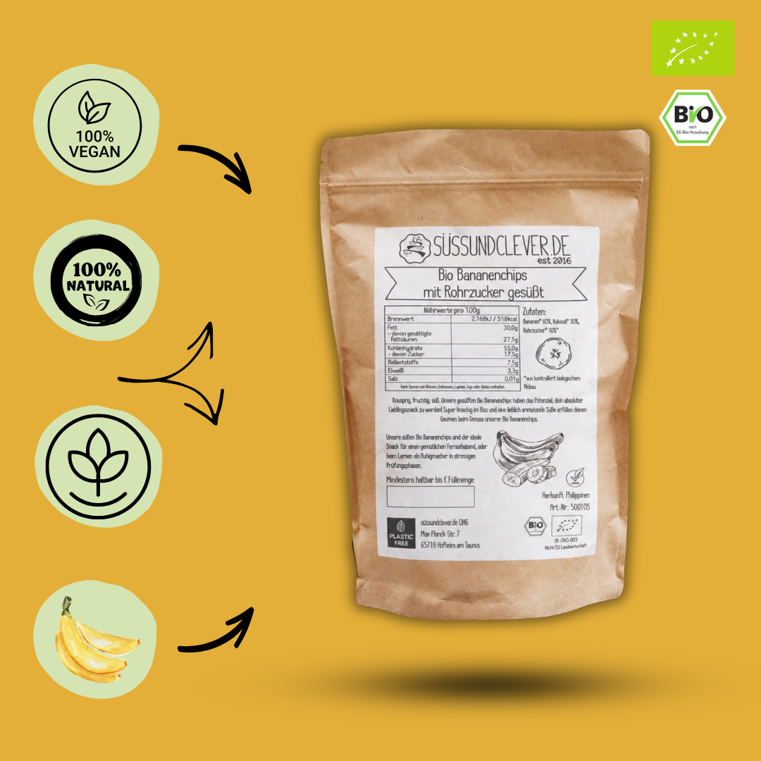 Bio Bananenchips | mit Rohrzucker gesüßt | knusprig & aromatisch