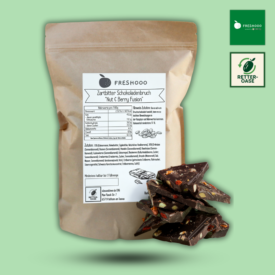 freshooo® ZARTBITTER Schokoladenbruch | "Nut & Berry Fusion" | 51% Kakaoanteil