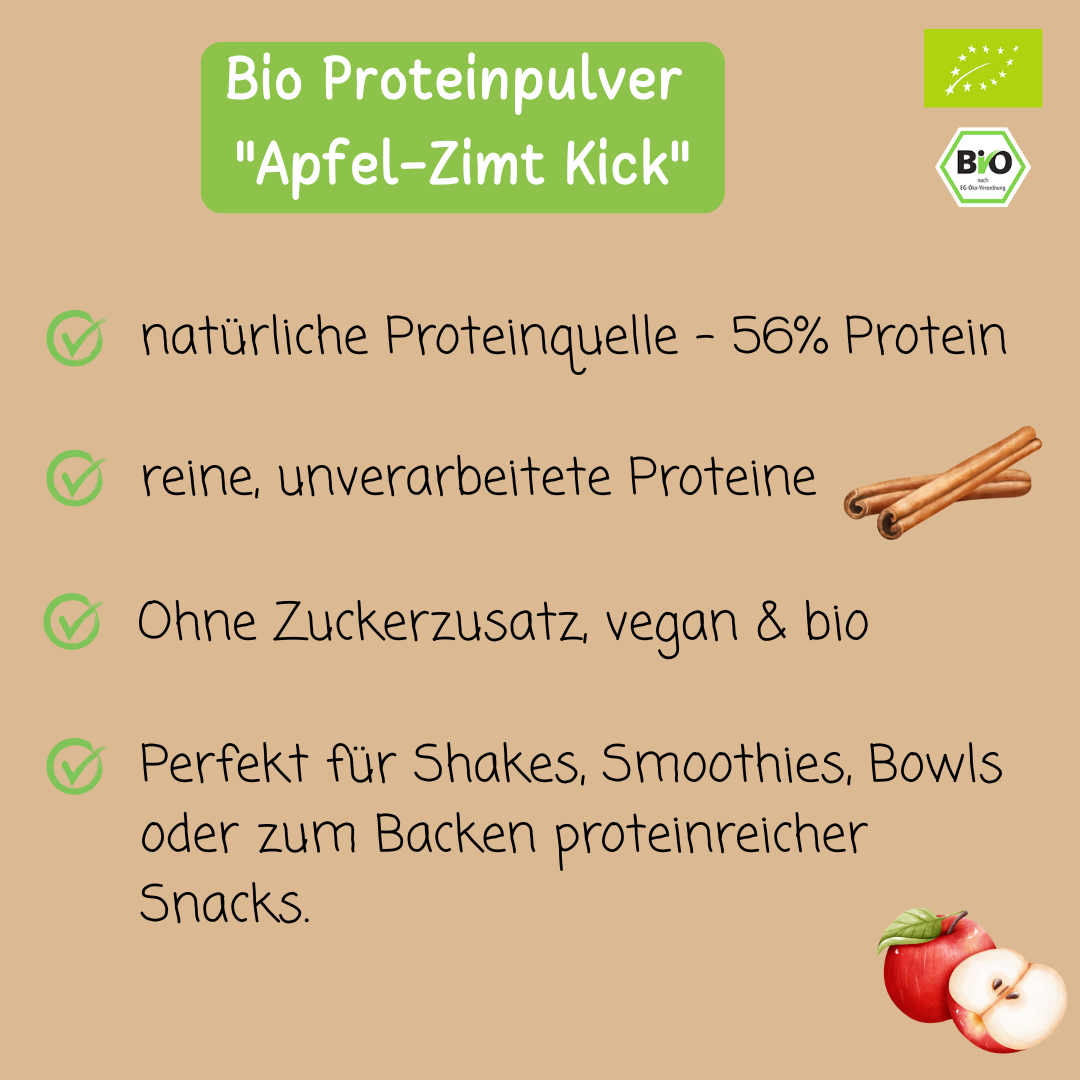 Bio Proteinpulver | "Apfel-Zimt-Kick" | Vegan & 56% Protein | mit Dattelsüße