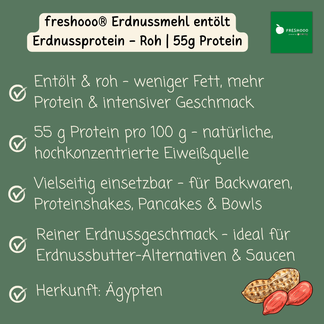 freshooo® Erdnussmehl entölt | Erdnussprotein - Roh | 55g Protein