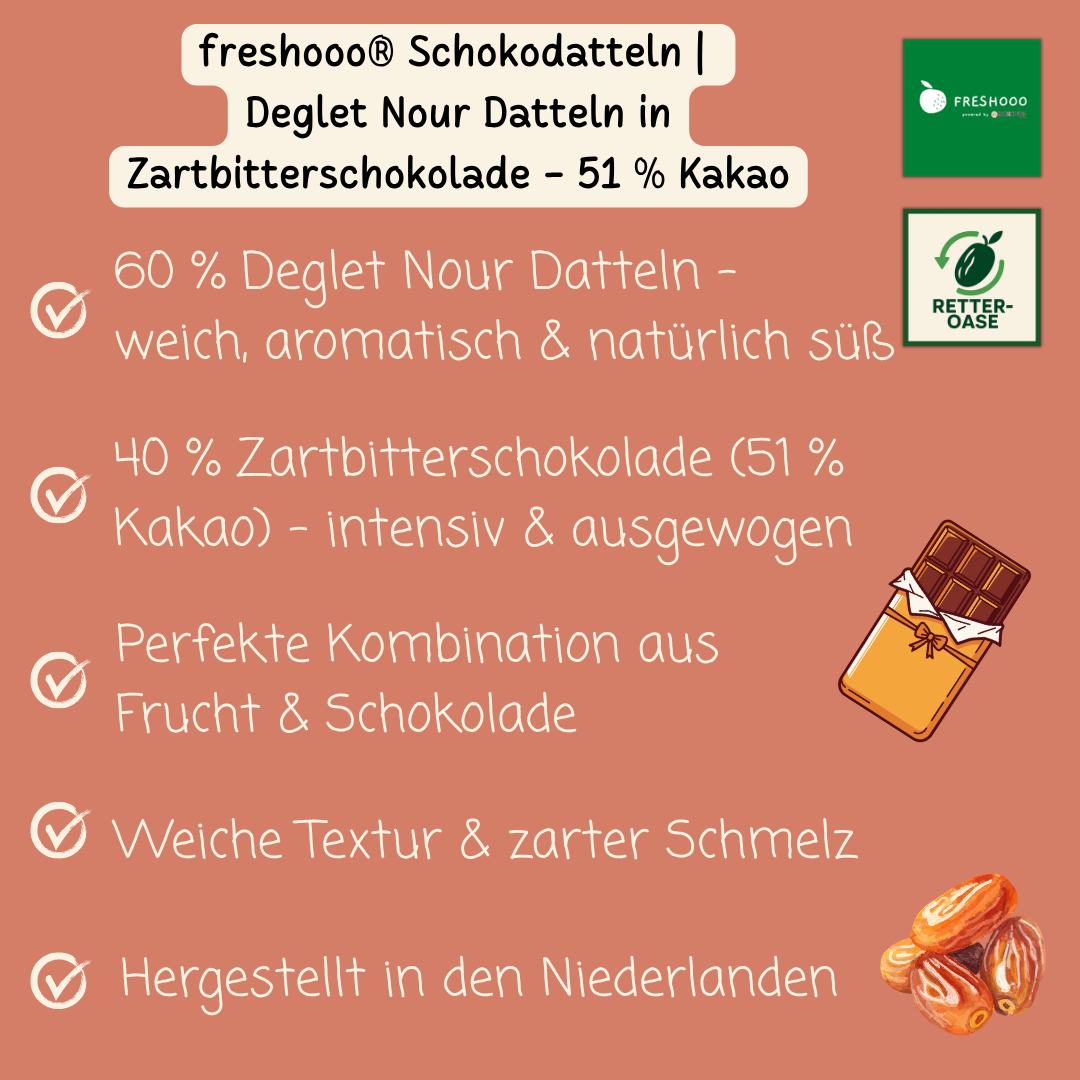 freshooo® Schokodatteln | Deglet Nour Datteln in Zartbitterschokolade | 51 % Kakao