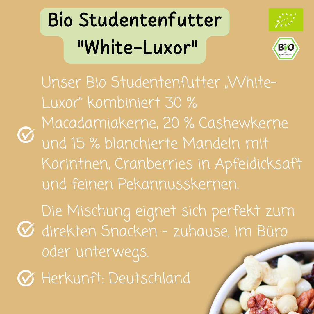 Bio Studentenfutter | "White-Luxor" | mit Macadamia, Cashews & Cranberries