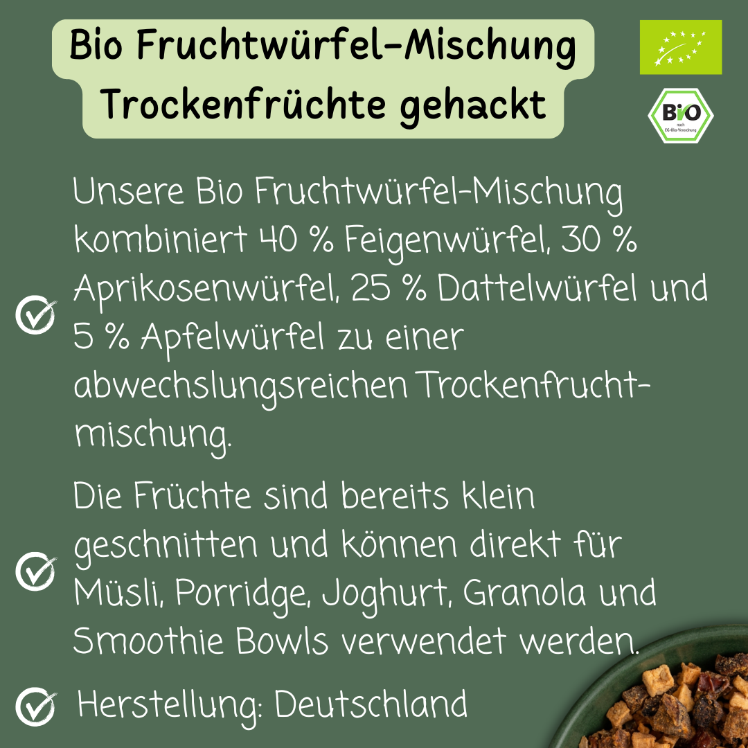 Bio Fruchtwürfel-Mischung | Trockenfrüchte gehackt | Feige, Aprikose, Dattel & Apfel