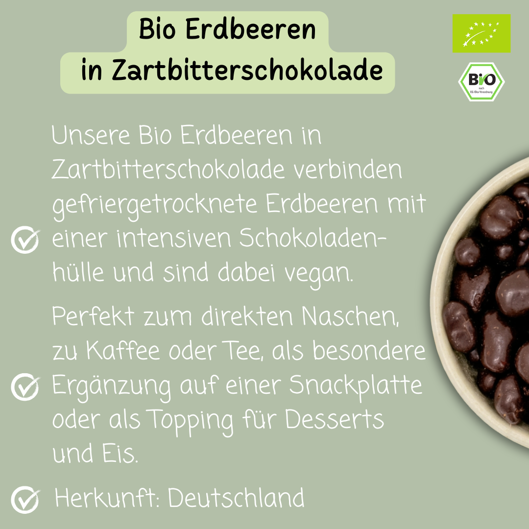 Bio Erdbeeren in Zartbitterschokolade | vegan | mit gefriergetrockneten Erdbeeren