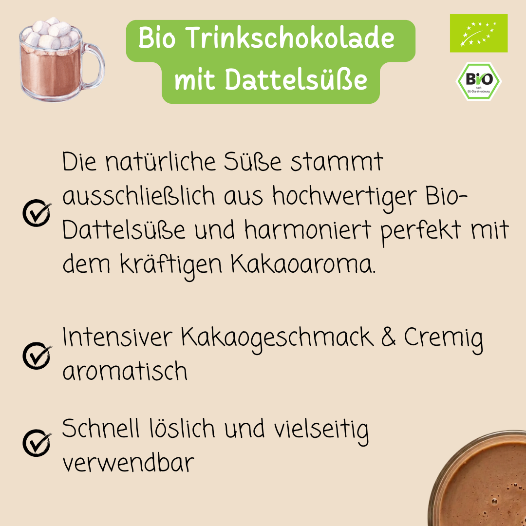 Bio Trinkschokolade | mit Dattelsüße | Ohne Zuckerzusatz