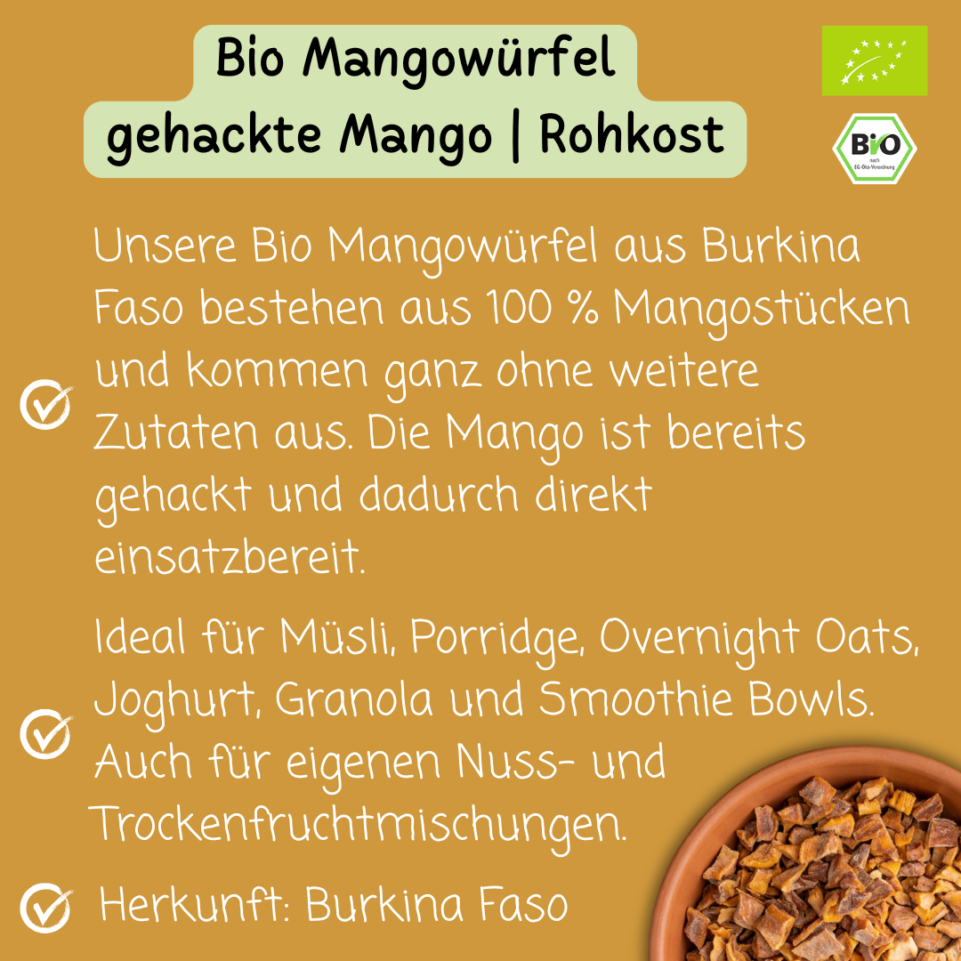 Bio Mangowürfel | gehackte Mango | Rohkost