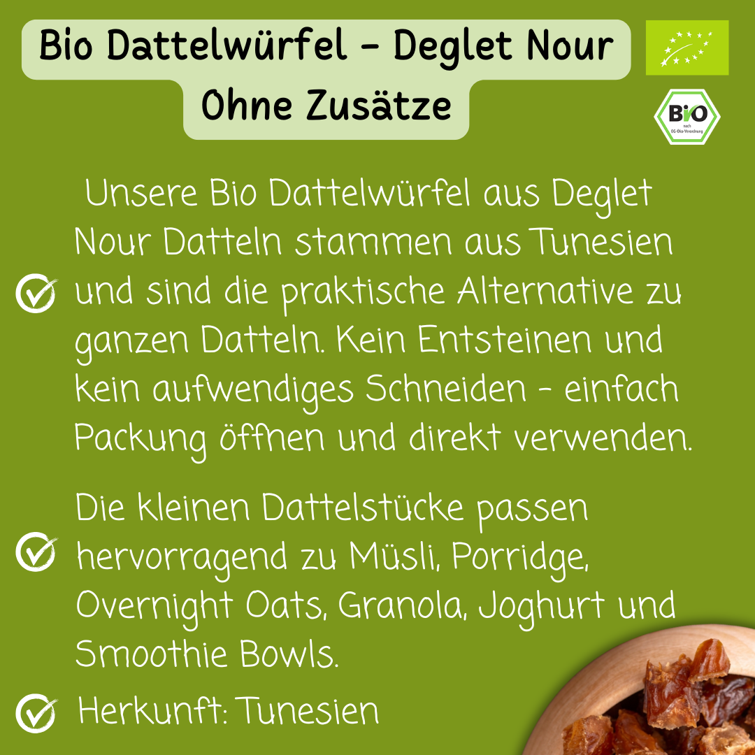 Bio Dattelwürfel | Datteln, gehackt | Deglet Nour | Ohne Zusätze