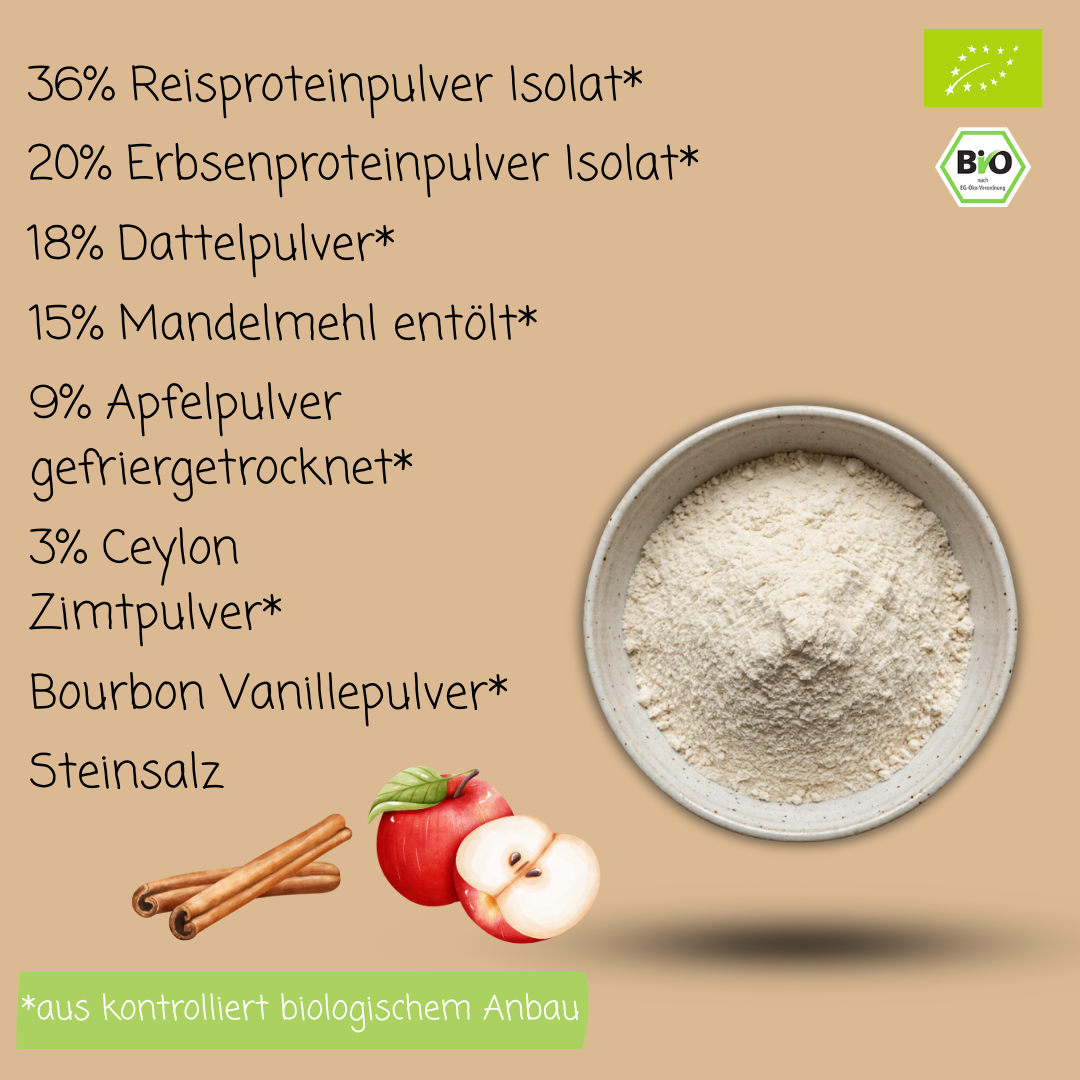 Bio Proteinpulver | "Apfel-Zimt-Kick" | Vegan & 56% Protein | mit Dattelsüße
