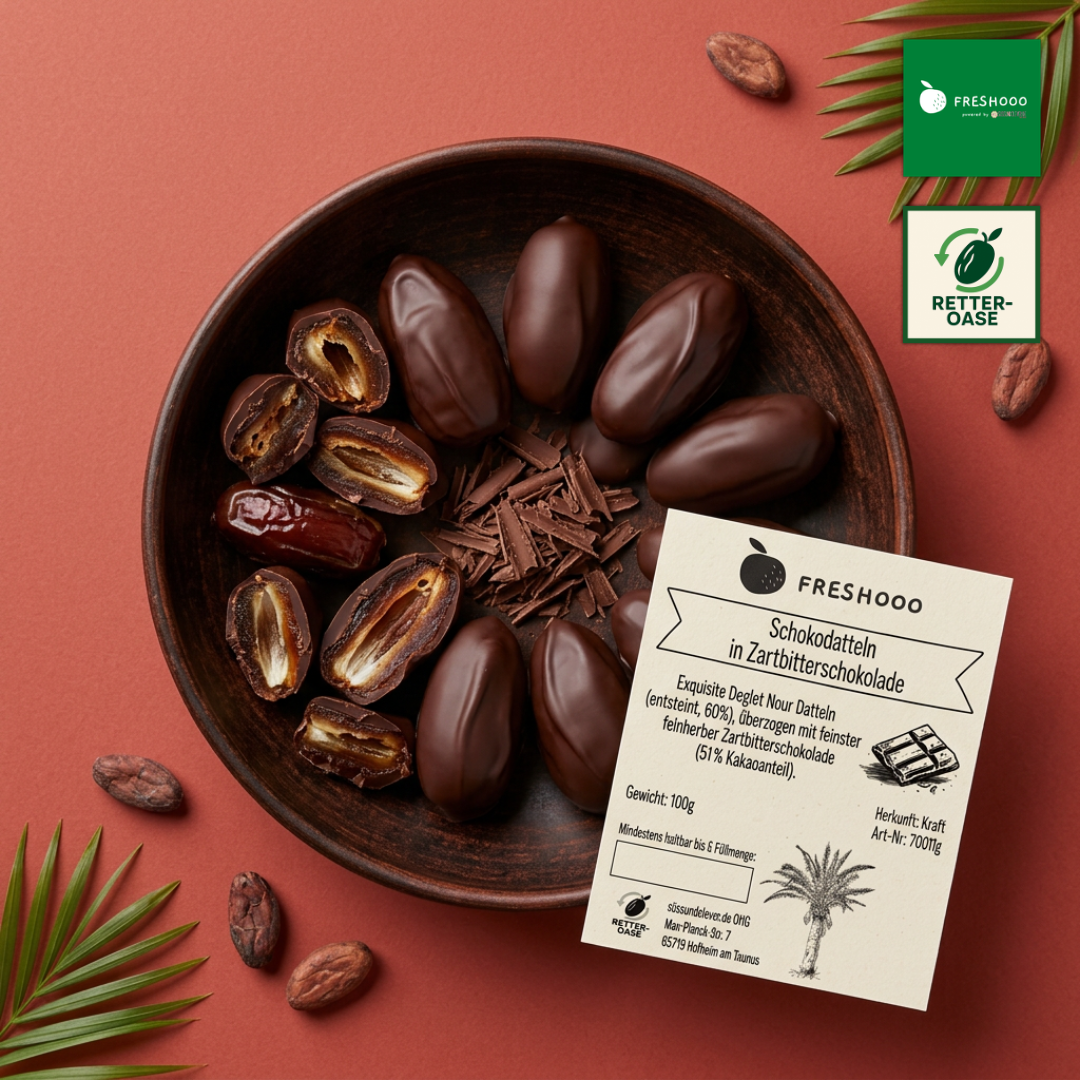 freshooo® Schokodatteln | Deglet Nour Datteln in Zartbitterschokolade | 51 % Kakao
