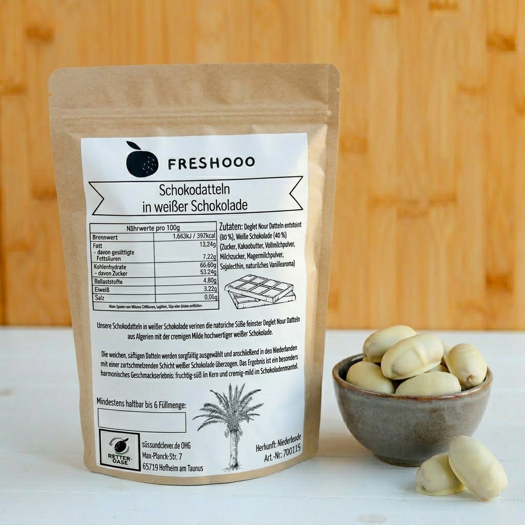 freshooo® Schokodatteln | Deglet Nour Datteln in weißer Schokolade