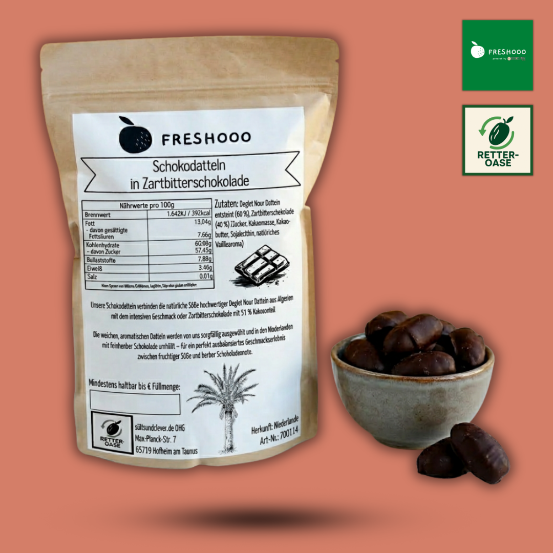freshooo® Schokodatteln | Deglet Nour Datteln in Zartbitterschokolade | 51 % Kakao