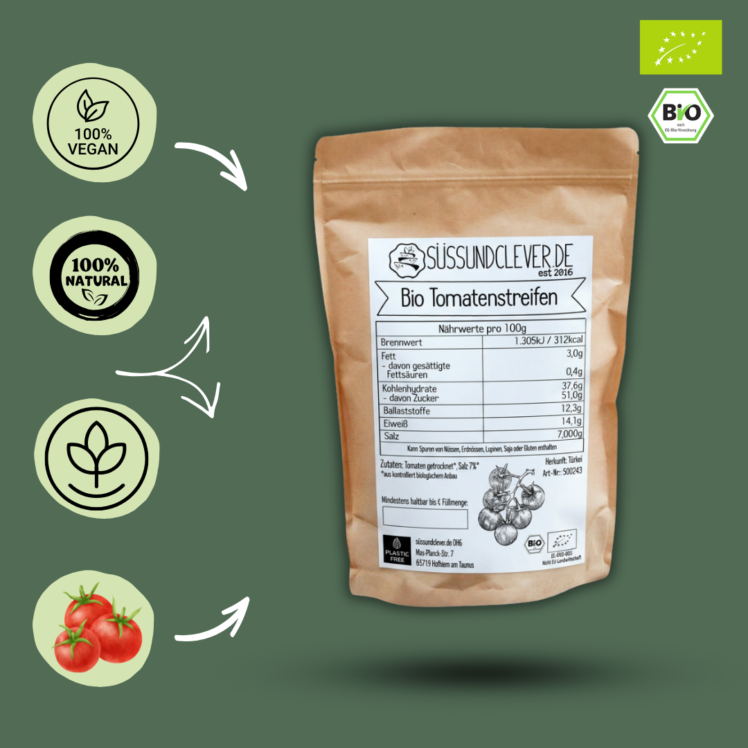 Bio Tomatenstreifen & Tomatenwürfel | getrocknet | mit 7 % Meersalz