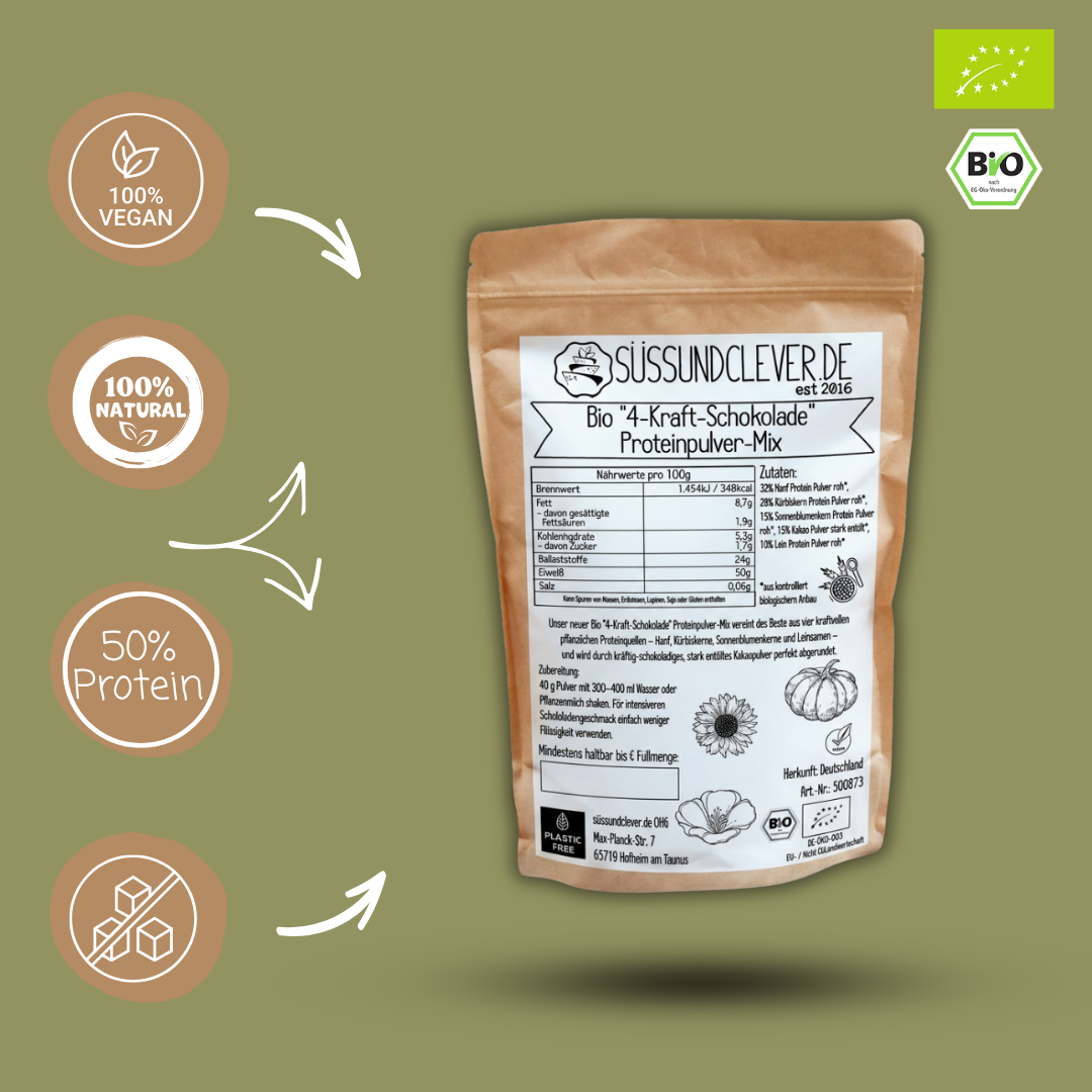 Bio "4-Kraft-SCHOKOLADE" Proteinpulver-Mix | 50% Protein | Hanf-, Kürbiskern-, Sonnenblumen- & Leinprotein | vegan