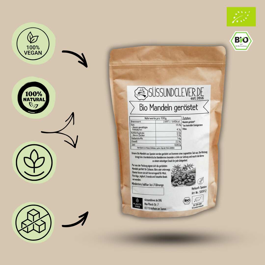 Bio Mandeln geröstet | ungesalzen | aromatisch & knackig | aus Spanien