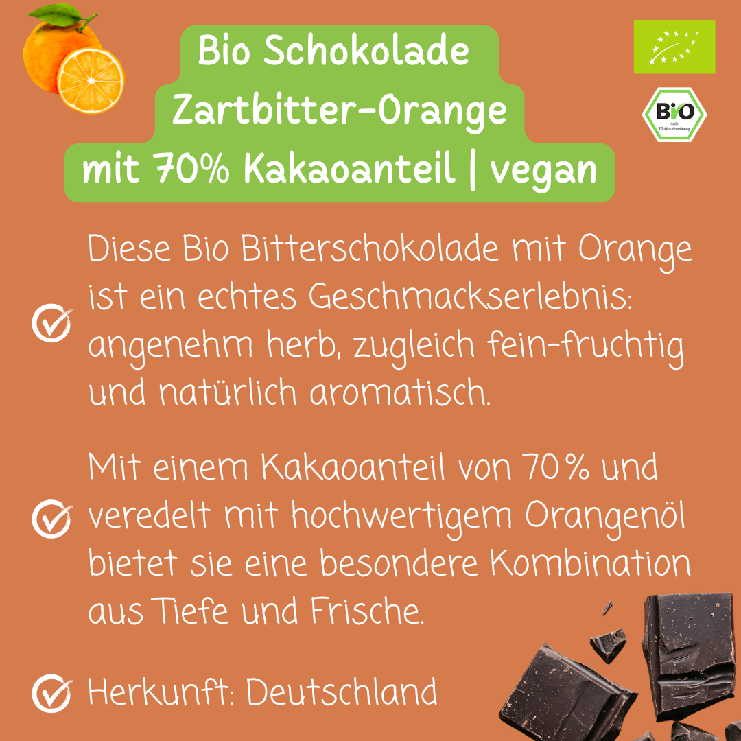 Bio Schokolade | Zartbitter-Orange | mit 70% Kakaoanteil | vegan