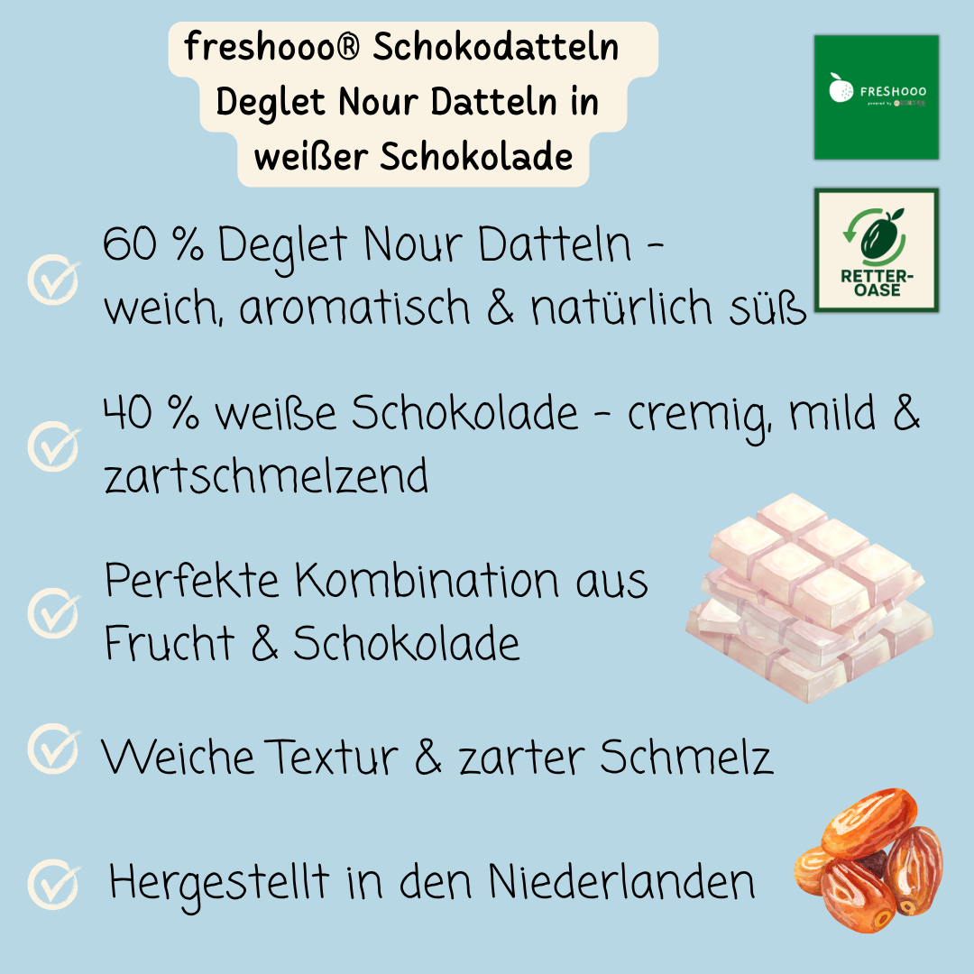 freshooo® Schokodatteln | Deglet Nour Datteln in weißer Schokolade