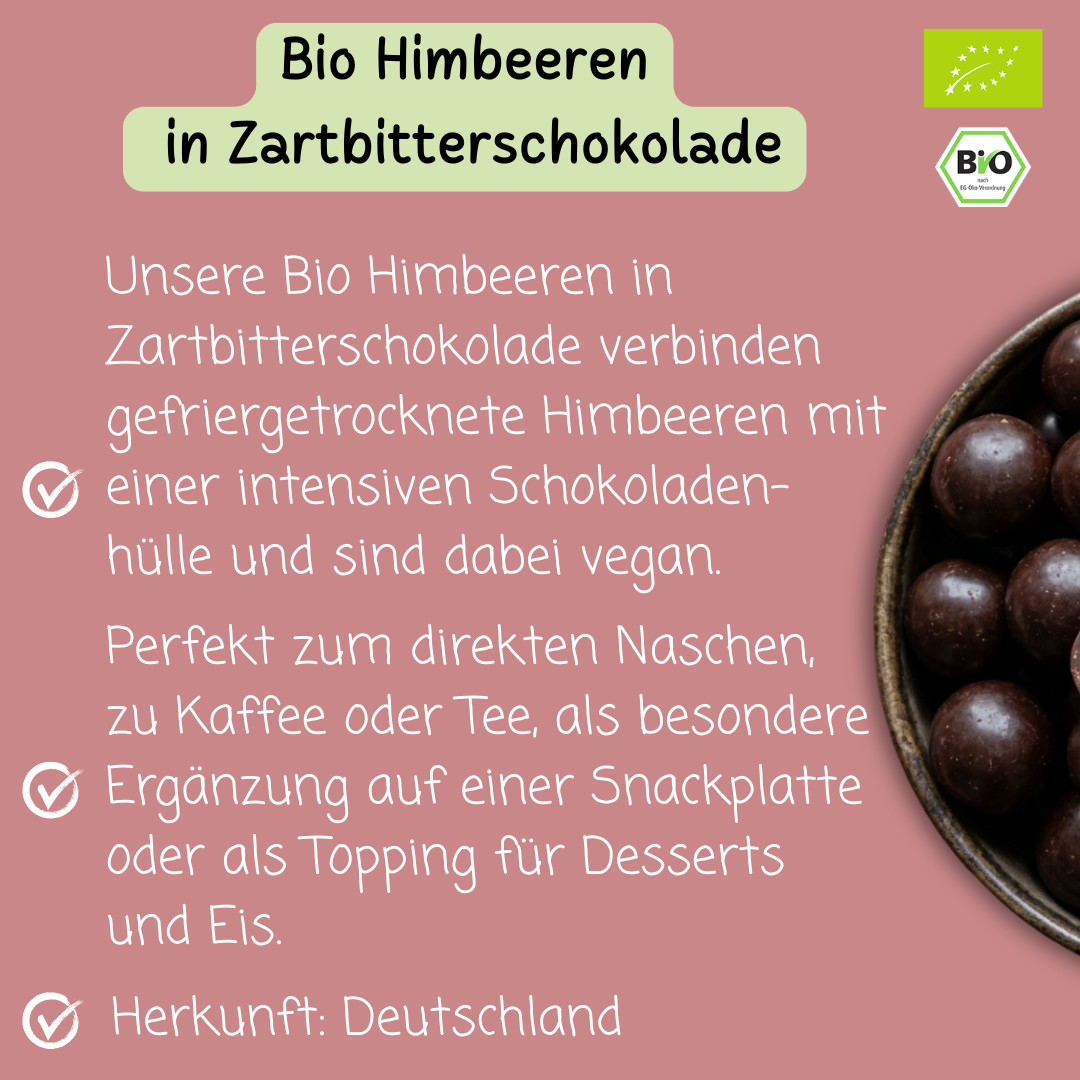 Bio Himbeeren in Zartbitterschokolade | vegan | mit gefriergetrockneten Himbeeren