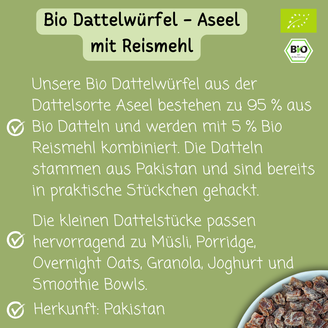 Bio Dattelwürfel | Aseel Datteln gehackt | mit Reismehl | Dattelsorte: Aseel