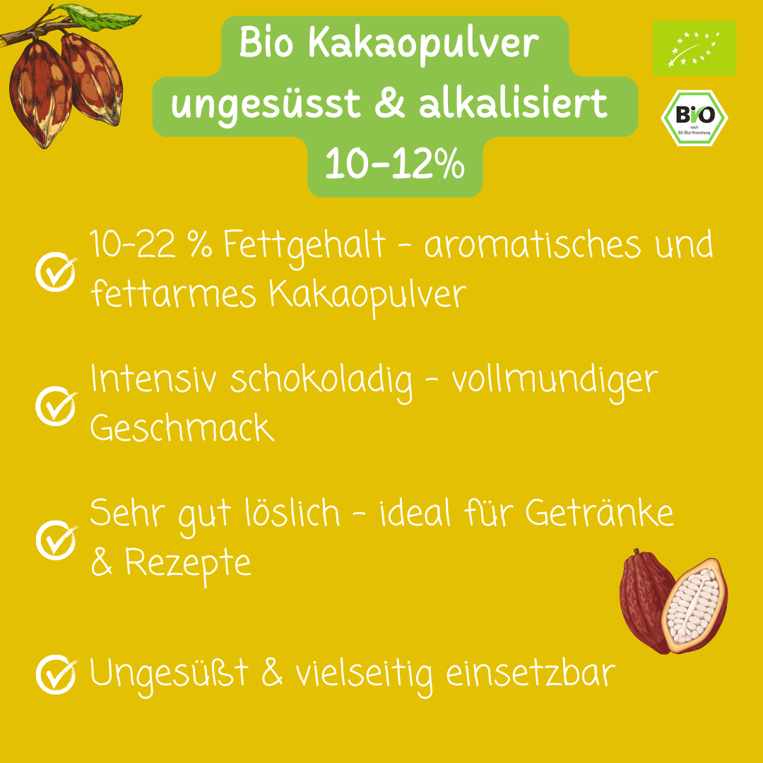 Bio Kakaopulver | ungesüsst & alkalisiert | stark entölt | 10-12%