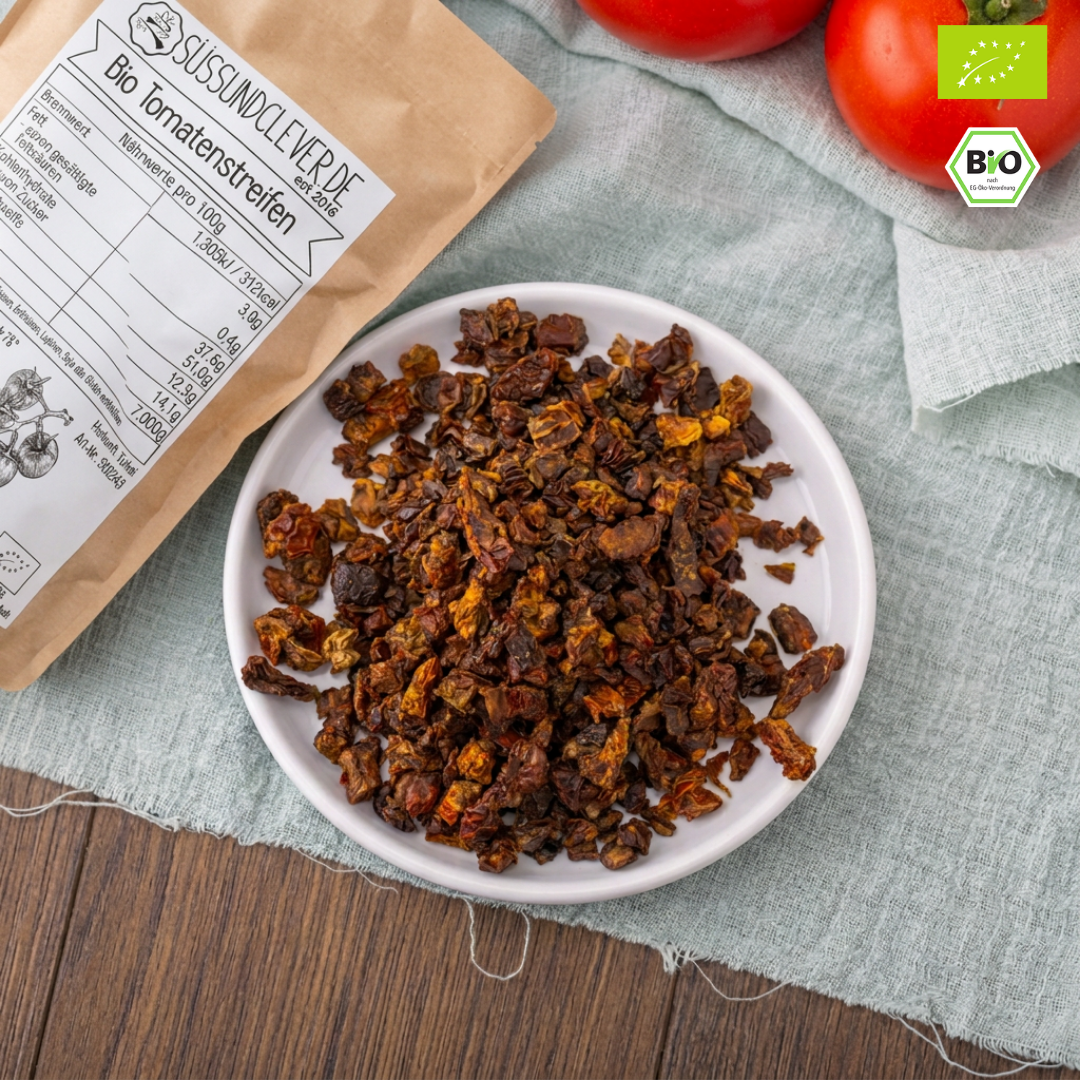 Bio Tomatenstreifen & Tomatenwürfel | getrocknet | mit 7 % Meersalz
