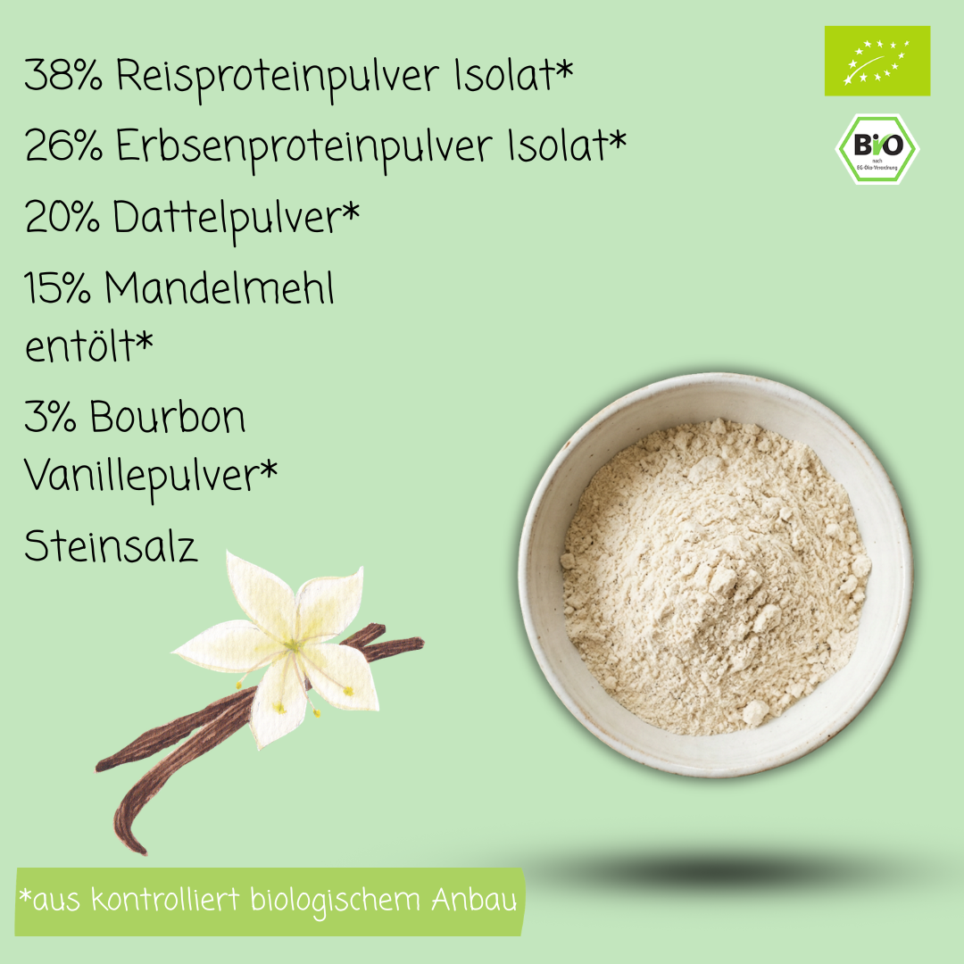 Bio Proteinpulver | "Bourbon Vanille" | Vegan & 62% Protein | mit Dattelsüße