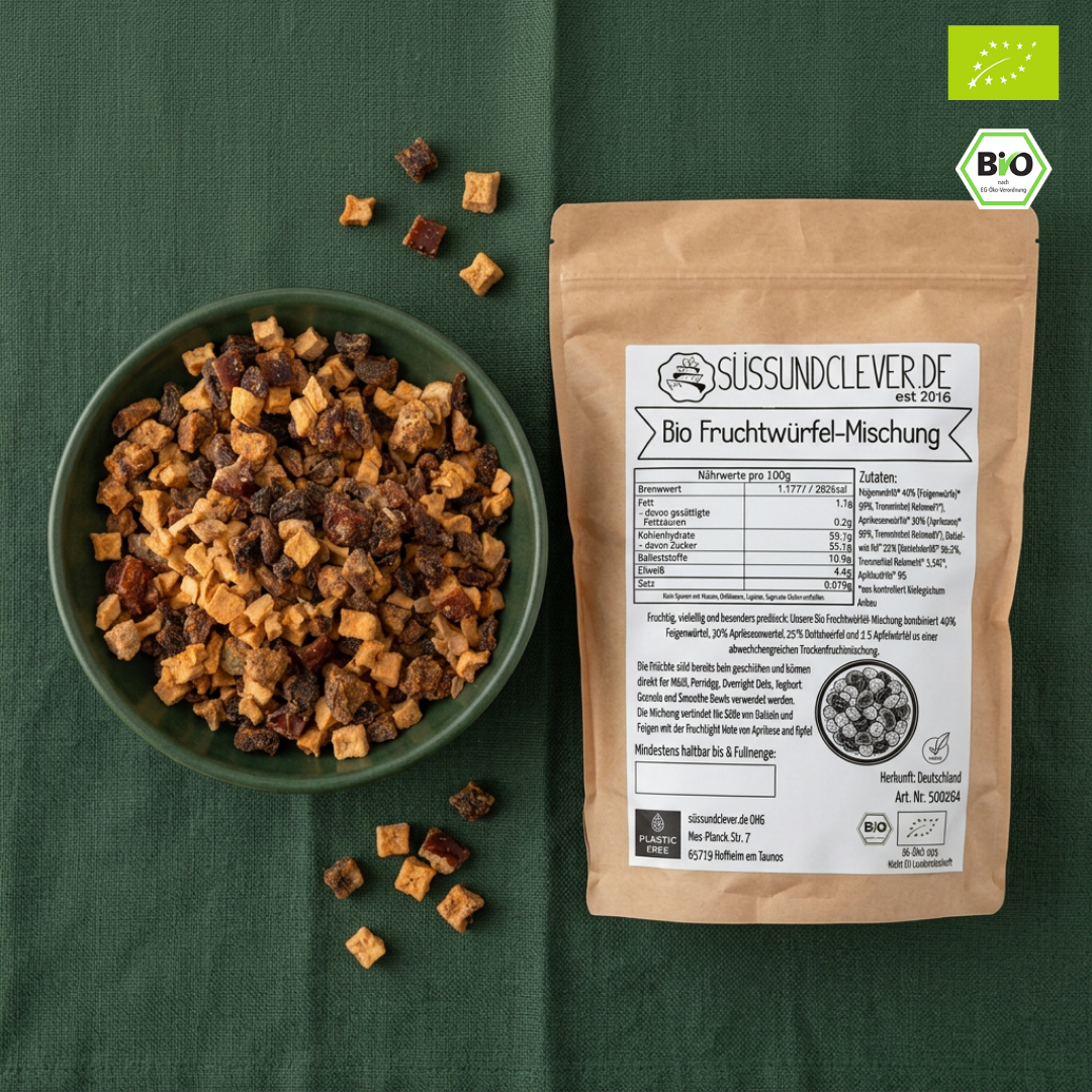 Bio Fruchtwürfel-Mischung | Trockenfrüchte gehackt | Feige, Aprikose, Dattel & Apfel