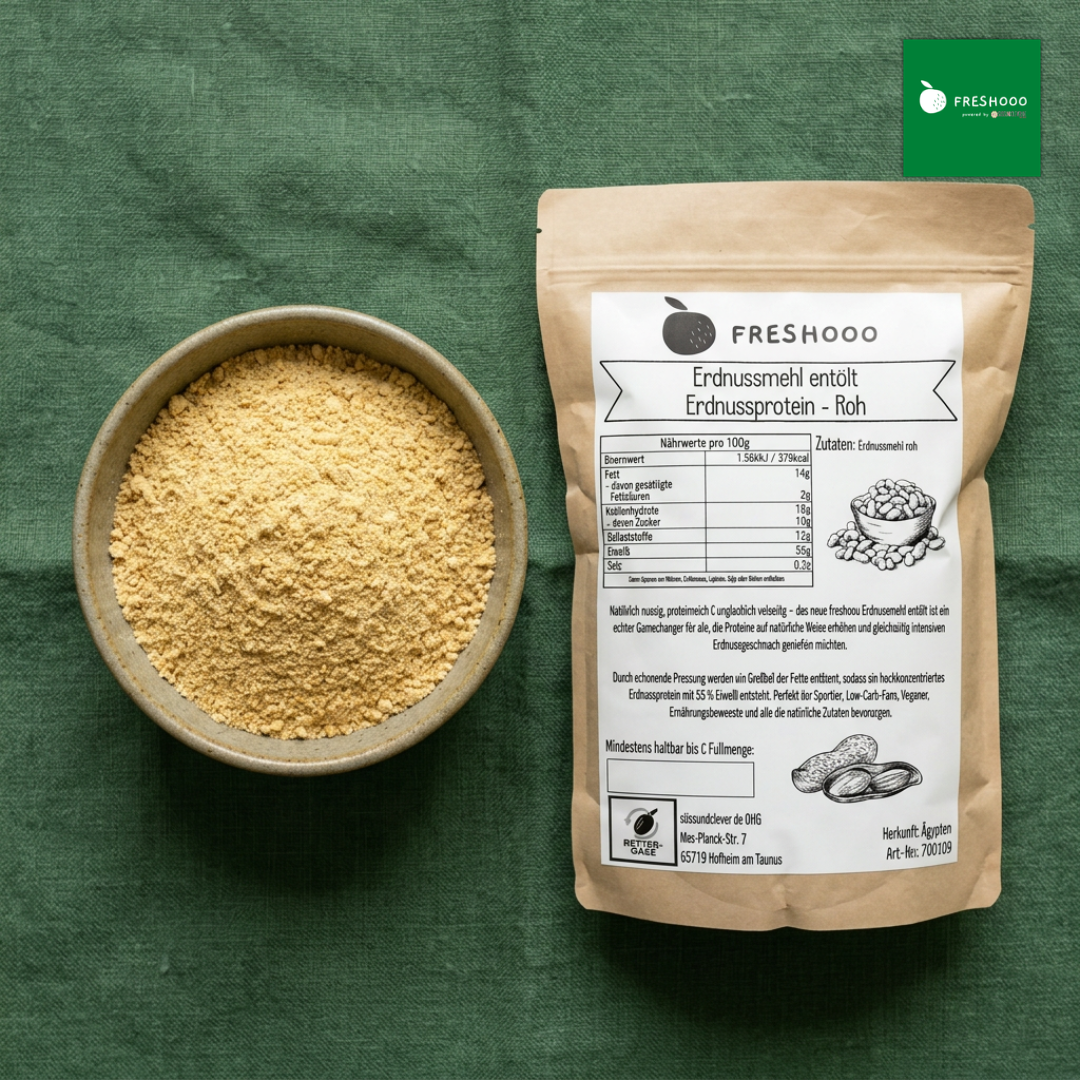 freshooo® Erdnussmehl entölt | Erdnussprotein - Roh | 55g Protein