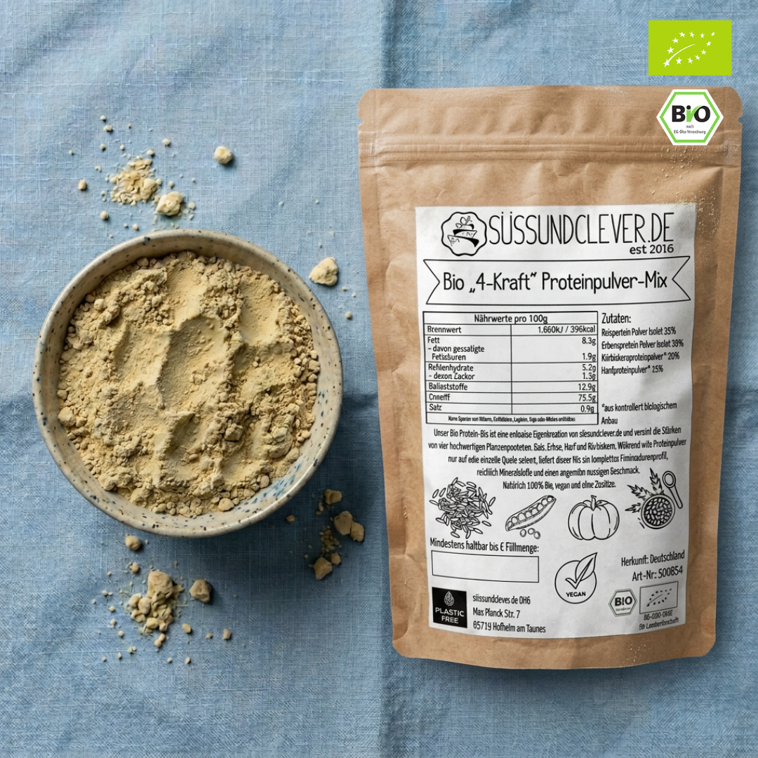 Bio "4-Kraft" Proteinpulver-Mix | Reis-, Erbse-, Hanf- & Kürbiskernprotein | vegan & 75% Protein