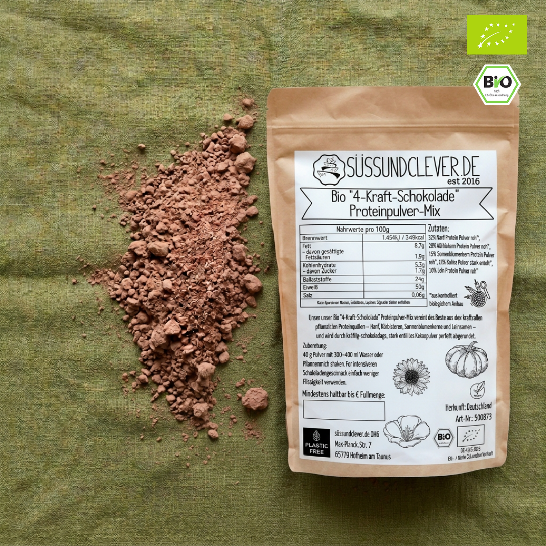 Bio "4-Kraft-SCHOKOLADE" Proteinpulver-Mix | 50% Protein | Hanf-, Kürbiskern-, Sonnenblumen- & Leinprotein | vegan