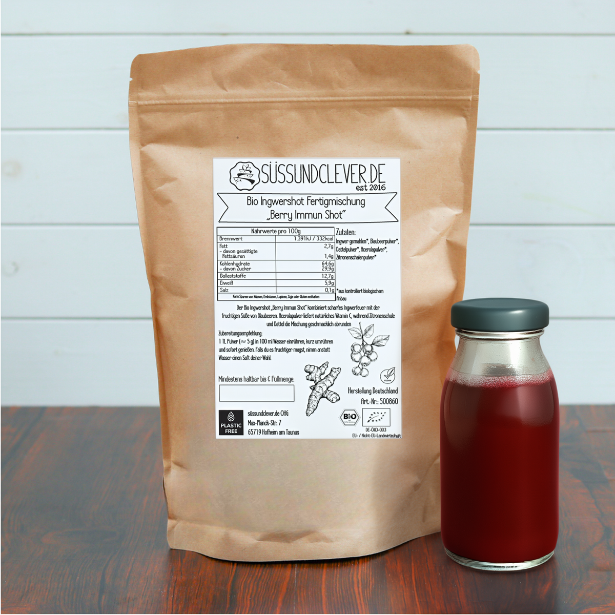 Bio Ingwershot Fertigmischung | "Berry Immun Shot" | mit Blaubeerenpulver & Acerola | 40 Shots
