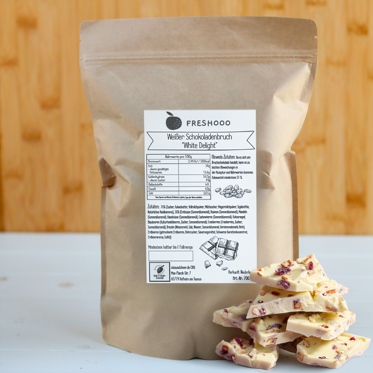 freshooo® WEIßER Schokoladenbruch | "White Delight" | mit Nuss-Frucht Crunch