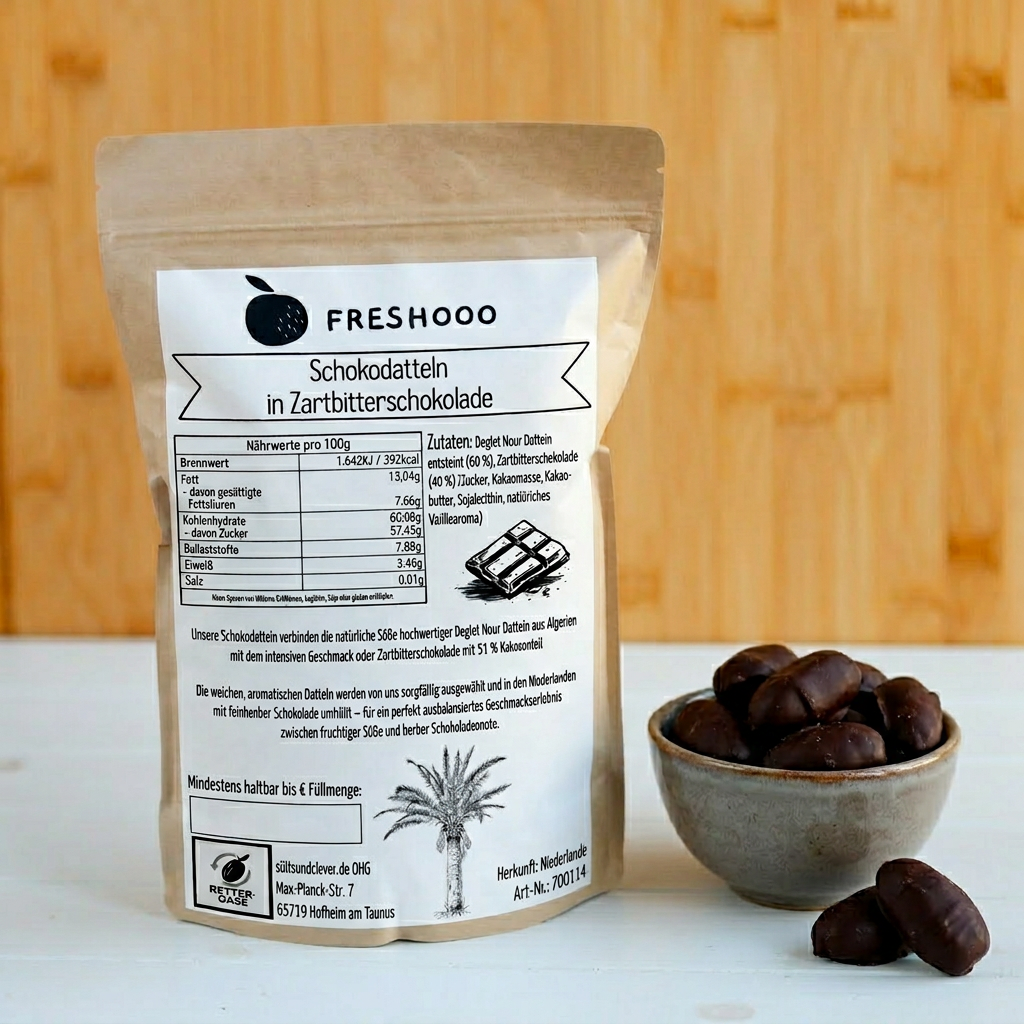 freshooo® Schokodatteln | Deglet Nour Datteln in Zartbitterschokolade | 51 % Kakao